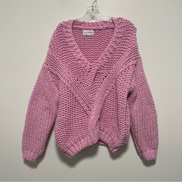 Self Contrast Anthropologie Chunky Knit V Neck Sweater Oversized Pink Small - Picture 2 of 11